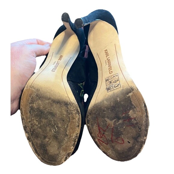 Karl Lagerfeld Paris Embellished Embroidered Black Mesh Sling Back Peep Toe Heel - Picture 7 of 8